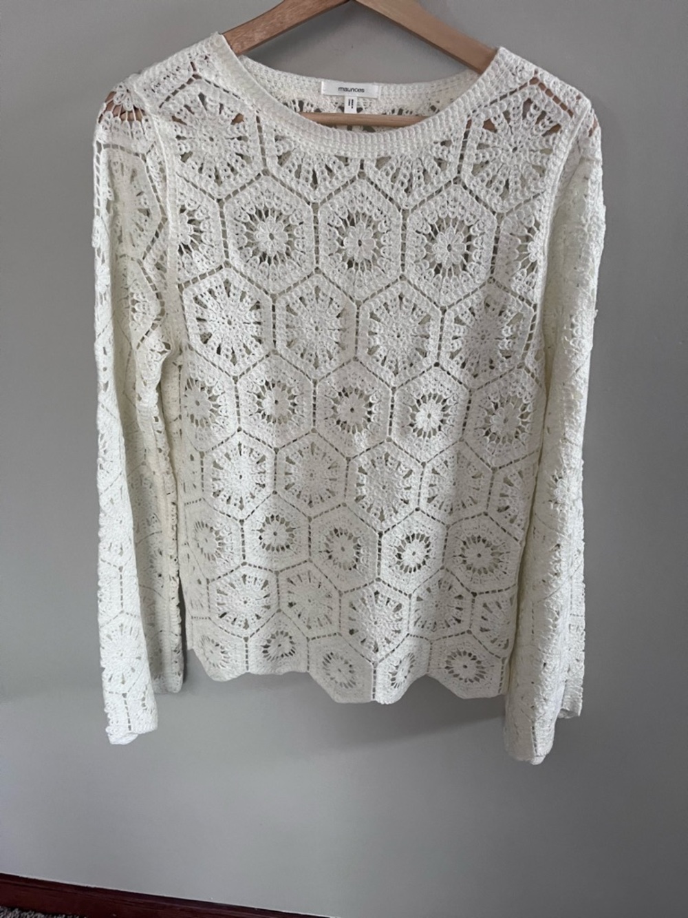 Maurices Womens White Crochet Hexagon Knit Long Sleeve Sweater Top XS